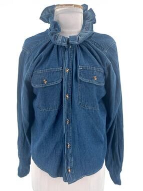 KMJ Quarantina boyfriend denim ruffle collar top sz M